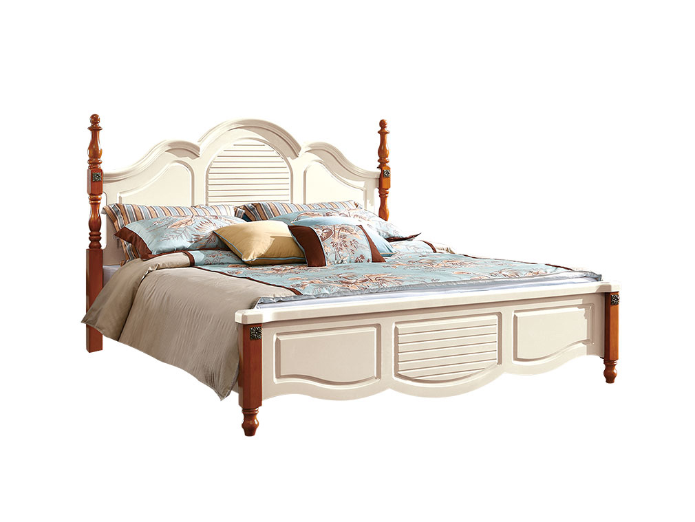 地中海风格清新色调实木框架床 优美线条 实木床柱