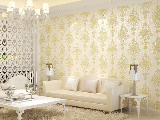 【帕力美】欧式壁纸 3D墙壁纸浮雕无纺布复古墙纸满铺客厅卧室高档米黄色
