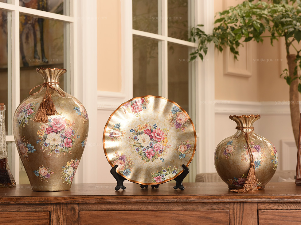 【青缇】欧式陶瓷花瓶装饰摆件花瓶看盘三件套工艺品摆件创意家居装饰